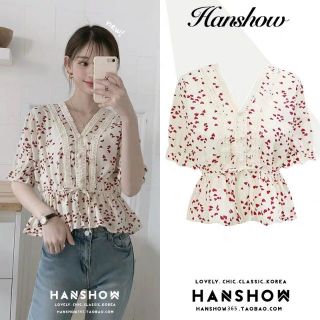 [HÀNG ORDER 7 ĐẾN 10 NGÀY] Áo sơ mi cổ V họa tiết trái tim thắt eo tay ngắn siêu xinh hàng Quảng Châu loại 1