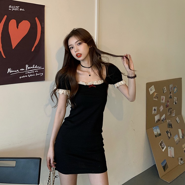 Xiaozhainv Đầm Tay Ngắn Cổ Vuông Phối Ren Phong Cách Hàn Quốc | BigBuy360 - bigbuy360.vn