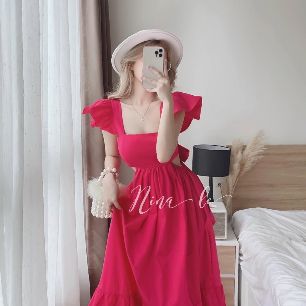 Váy đầm nữ maxi dáng xòe hai dây cánh tiên cột nơ lưng