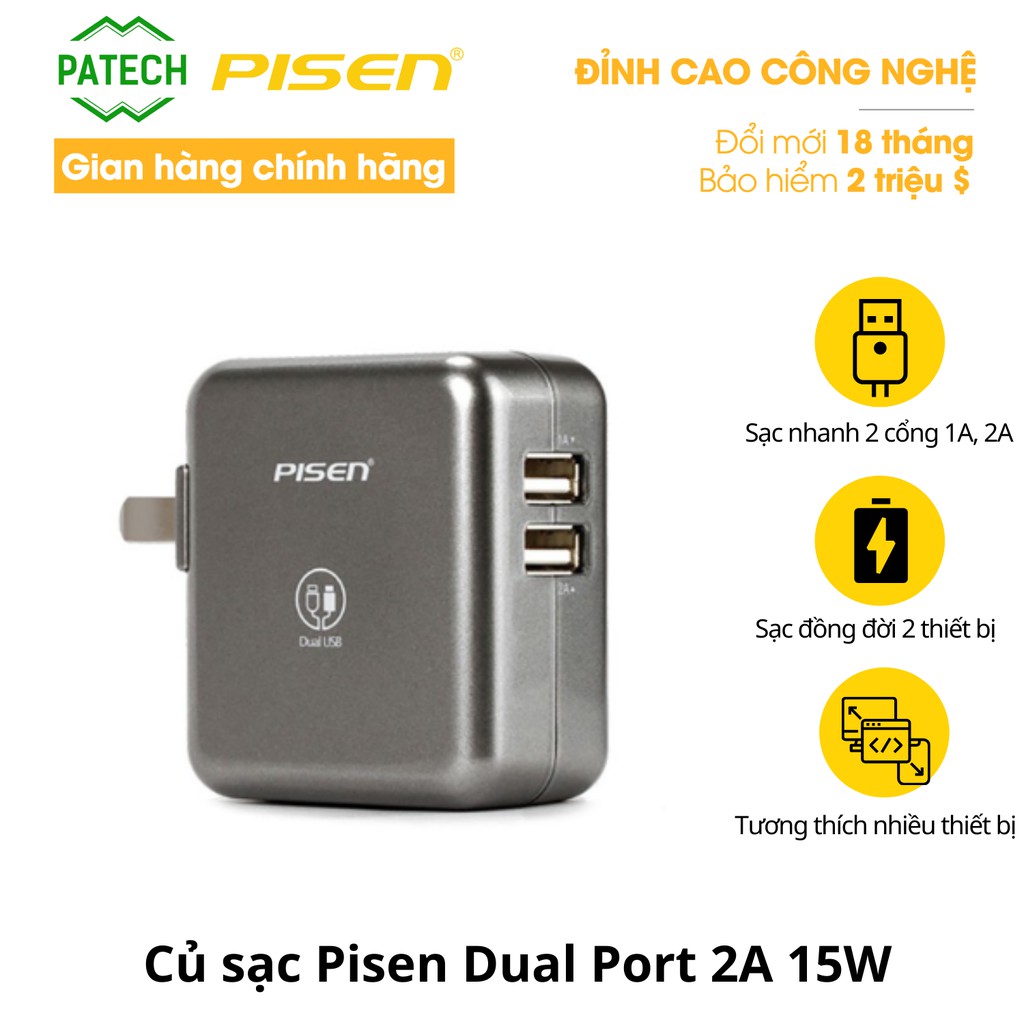 Sạc Pisen Dual Port 2A, 2 cổng ra, công suất tối đa 15W, công nghệ sạc thông minh- Hàng chính hãng, bảo hành 18 tháng