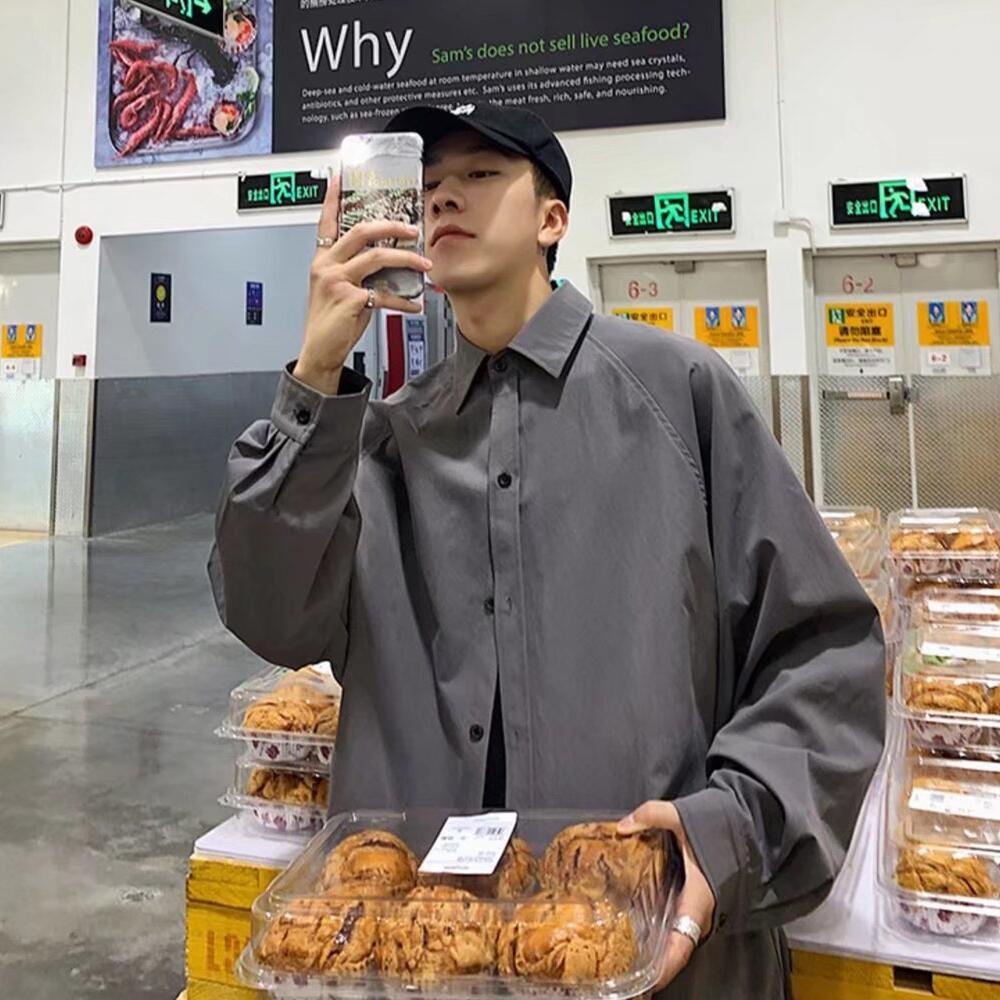 Áo Sơ Mi Trơn Tay Dài Dáng Rộng Thoáng Khí Phong Cách Hip Hop Đường Phố Hàn Quốc Cho Nam