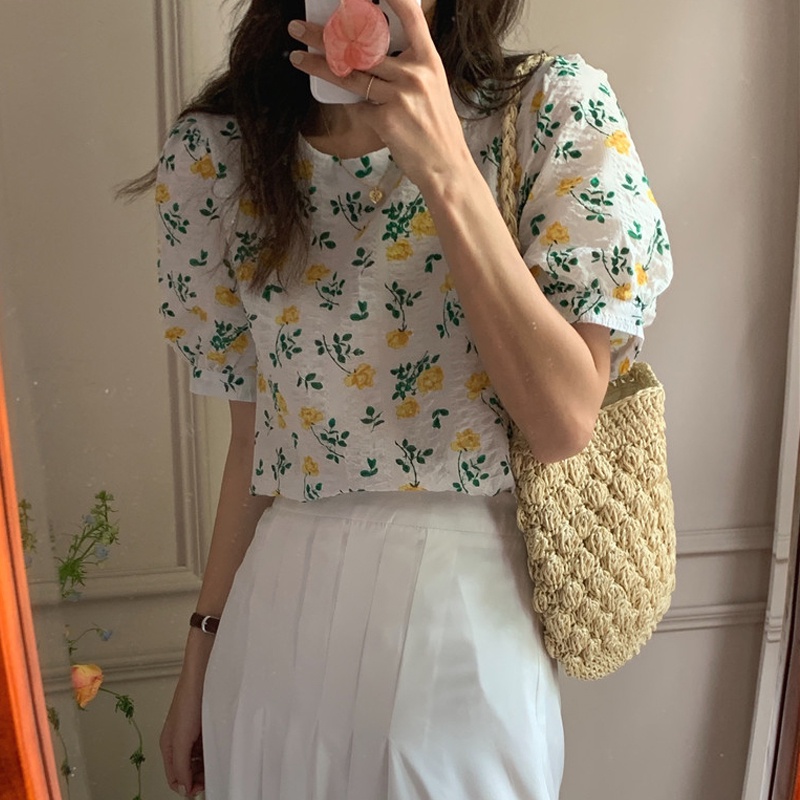 Áo Sơ Mi Nữ Tay Ngắn In Hoa Thời Trang Hàn Quốc