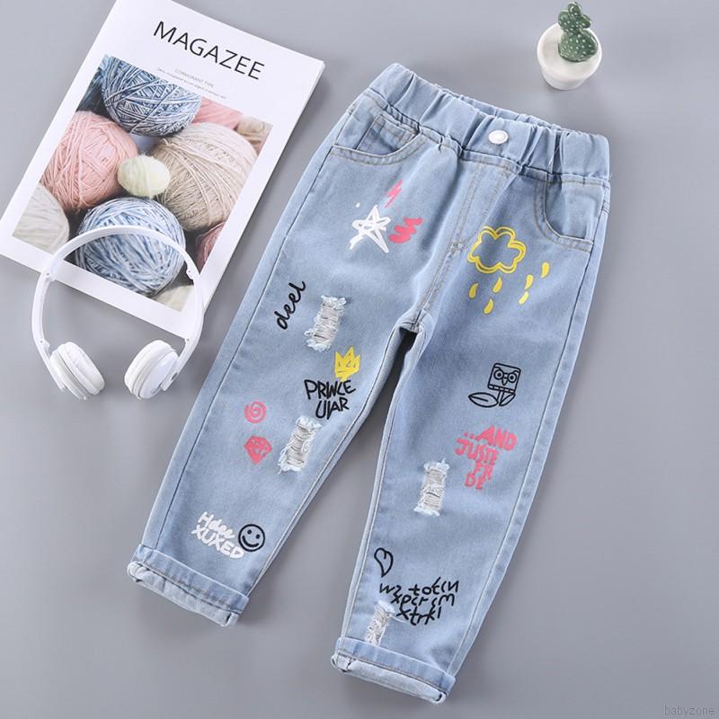 Quần Jeans Dáng Rộng In Hình Hoạt Hình Xinh Xắn Cho Bé Gái