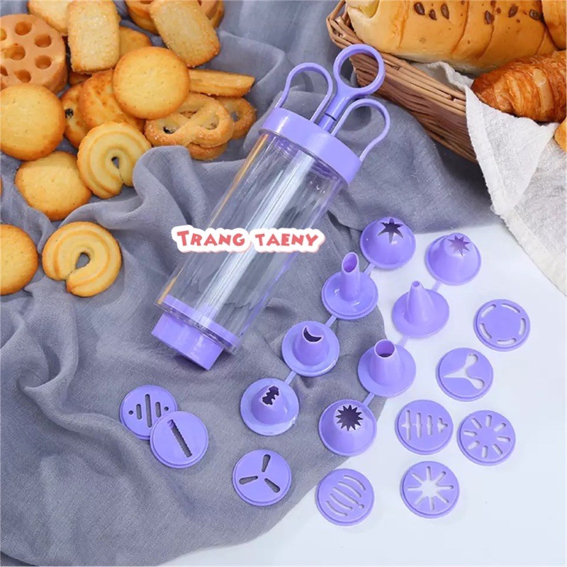 Bộ nhấn bánh quy Cookies Press nhựa tím (10 mặt nhấn + 8 đui bắt kem)