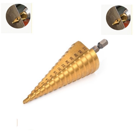 Mũi Khoan Tháp bằng chất liệu thép siêu cứng , kích thước 4-32mm. Khoan được nhiều cỡ lỗ trong một mũi khoan