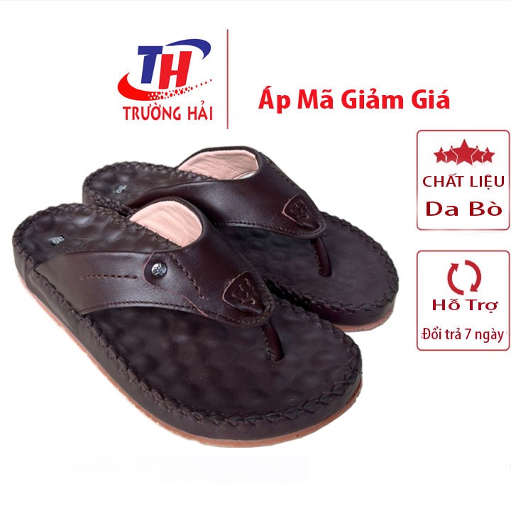 Dép xỏ ngón nam da bò thật màu nâu may viền chính hãng Trường Hải XN159