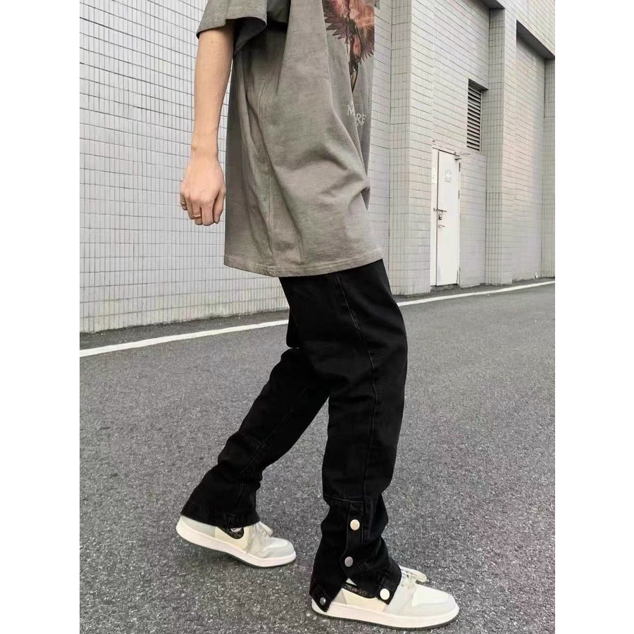 Quần Jean Ống Suông Ống Đứng FOG Phối Nút Bấm Nam Nữ Unisex Vải Dày Dặn