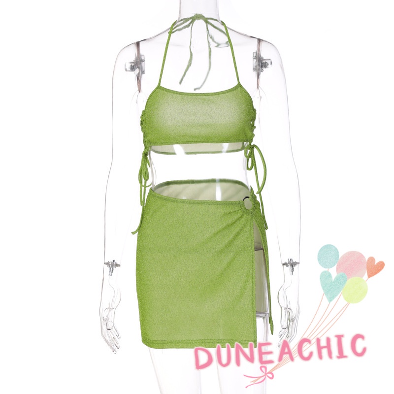 DUNEA Bộ đồ gồm áo cổ yếm và chân váy xẻ tà thời trang gợi cảm cho nữ