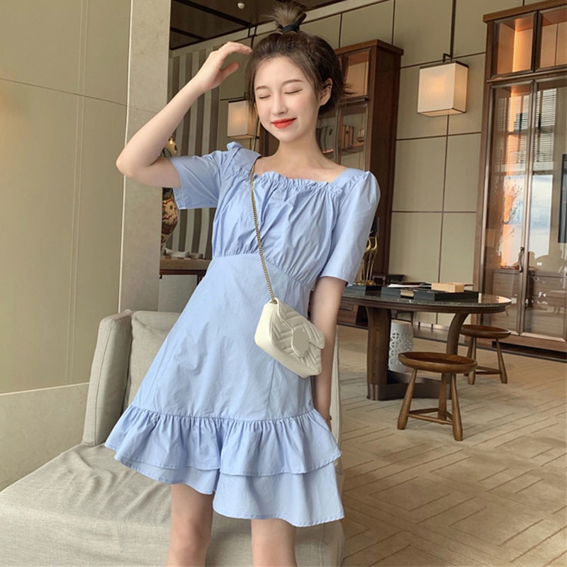 Đầm ngắn đuôi cá cổ vuông phối bèo nhún eo phong cách Pháp thời trang mùa xuân👗Váy LAMUSELANDFairy👚】hl