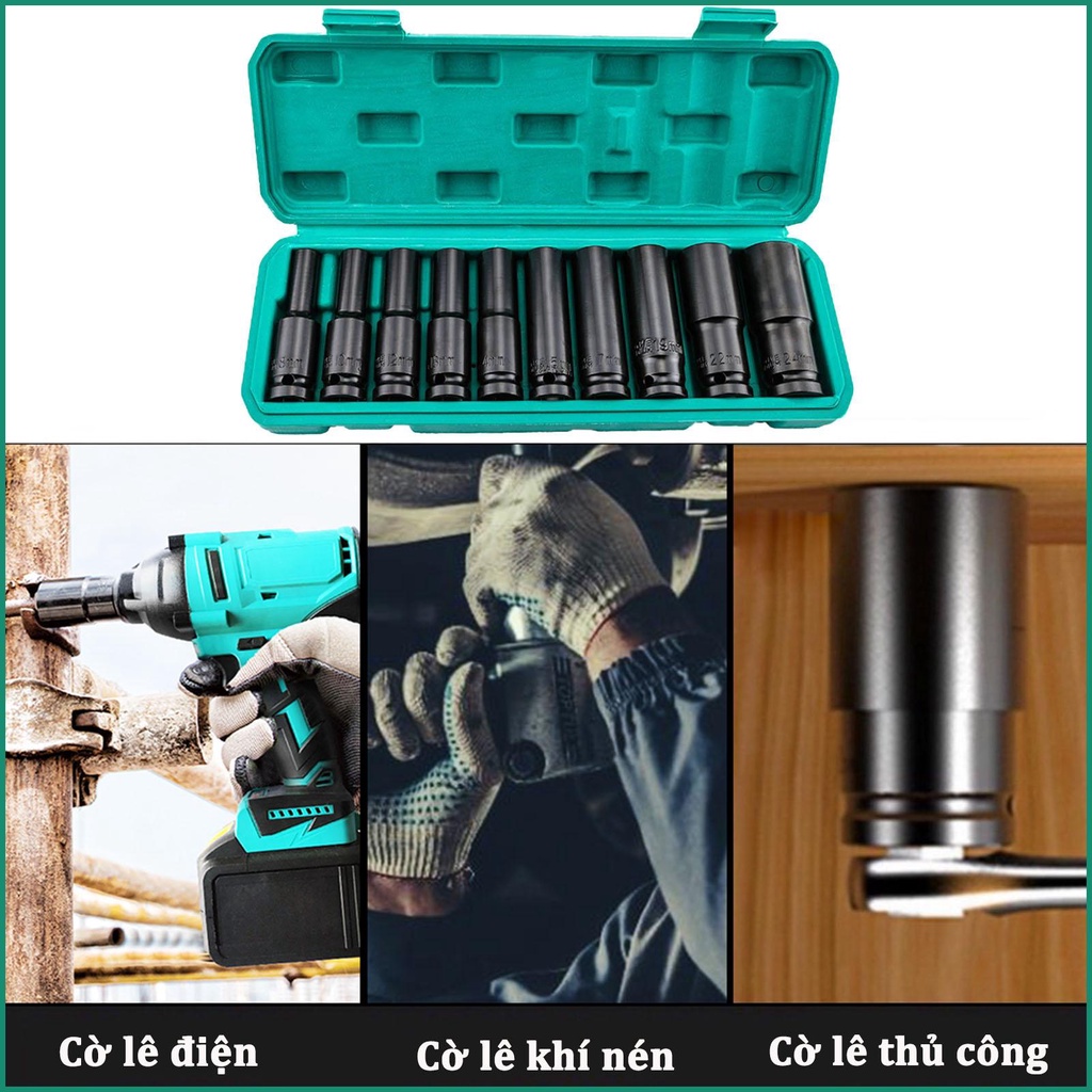 Bộ 10 Đầu Khẩu-Đầu Tuýp 1/2 Dài Dùng Cho Máy Siết Bulong 8-24mm