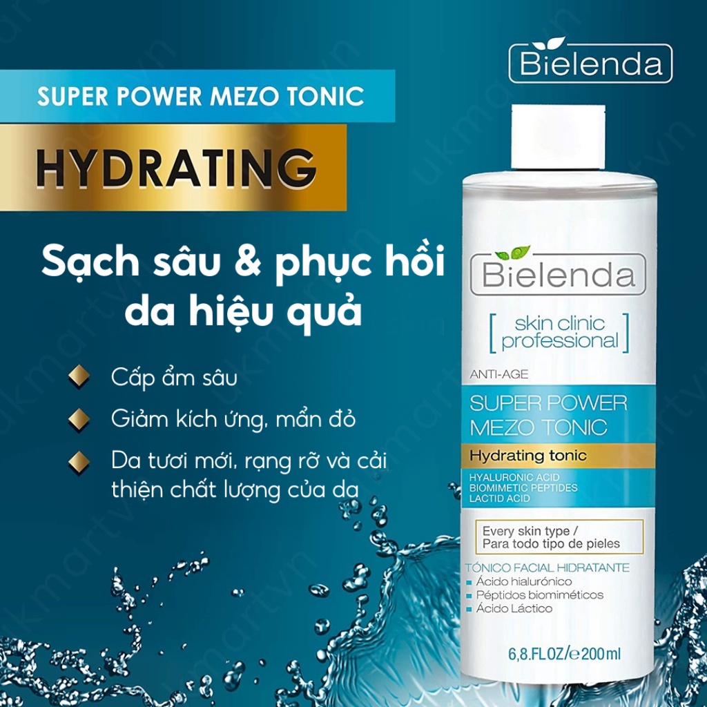 Toner Bielenda Super Power Mezo Tonic Skin Clinic Correcting Căng Bóng, Mờ Thâm, Moisturizing Dưỡng Ẩm, Cấp Nước 200ml