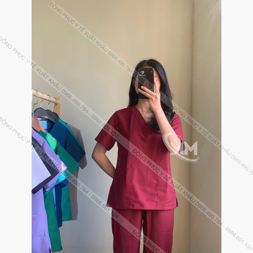 Bộ scrubs Đỏ Đô, Quần áo Blouse, y tá, bác sĩ, phẫu thuật, thẩm mỹ, Spa, Đông Phục Y Tế Cao Cấp