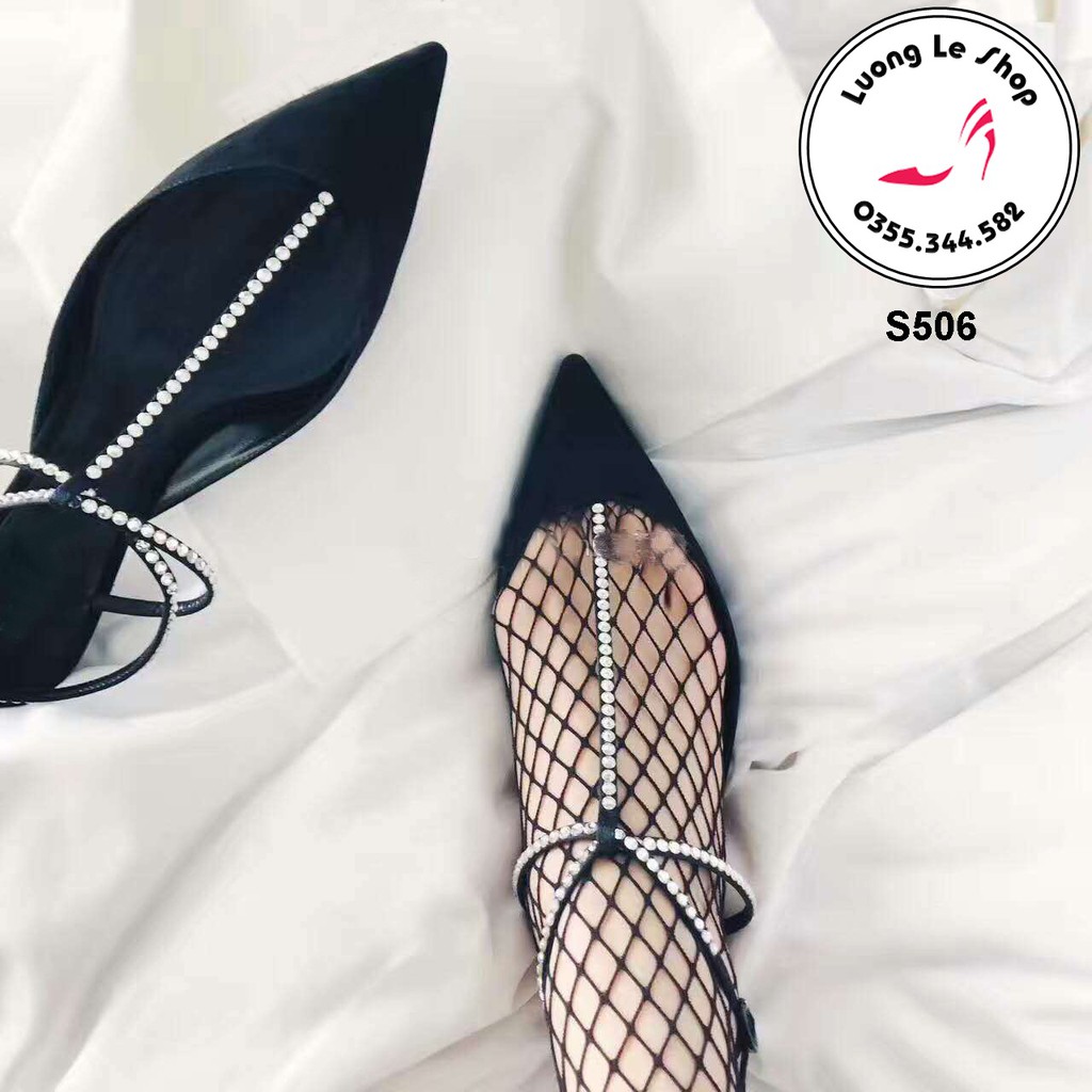 Sandal da lộn mũi nhọn quai đính đá sang chảnh đế bệt và gót 3cm màu đen ms S506