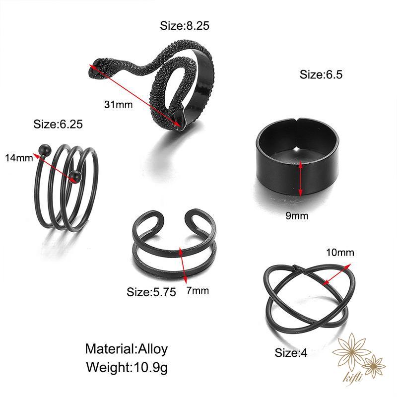 Bộ 5 Nhẫn Hình Rắn Đen Có Thể Điều Chỉnh Kích Cỡ Thời Trang Unisex