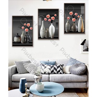 Combo 3 tranh dán tường 3d, bình hoa tĩnh lặng trang trí phòng khách phòng ngủ hiện đại (tích hợp sẵn keo) MS942396
