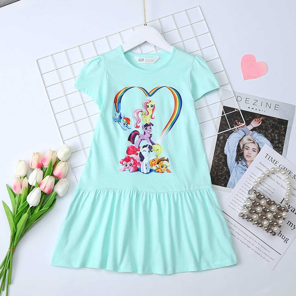 Đầm thun cotton mát mẻ in ngựa pony unicorn 1 sừng cho bé gái
