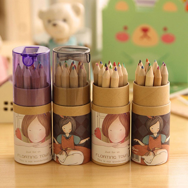 12 bút chì màu cỡ nhỏ họa tiết hoạt hình dành cho học sinh