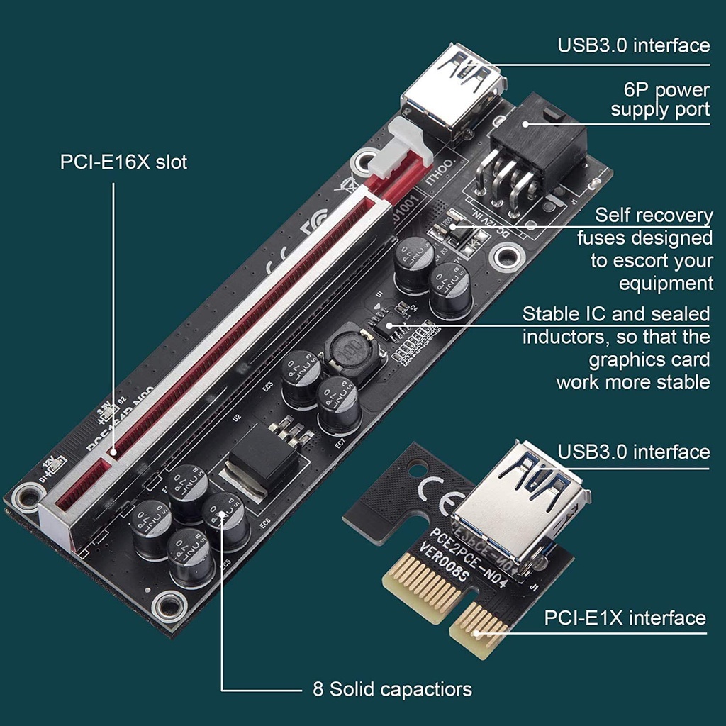 Riser PCIe 1X 16X USB 3.0 Ver 009S Plus mới nhất bản full 8 tụ có led