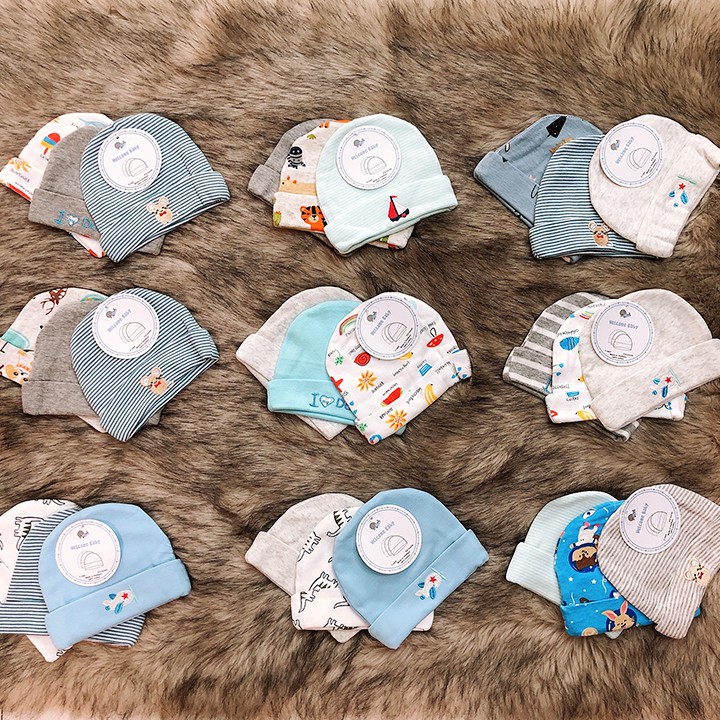 Set 3 nón sơ sinh cho bé trai và bé gái từ 0-6 tháng tuổi chất thun cotton dày đẹp giữ ấm cho bé Baby-S – SSS004