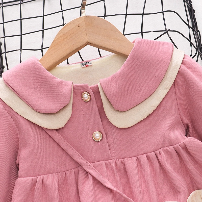 Đầm Cotton Thu Đông Tay Dài Cổ Búp Bê Màu Đỏ / Hồng Phong Cách Hàn Quốc Cho Bé Gái 0-3 Tuổi