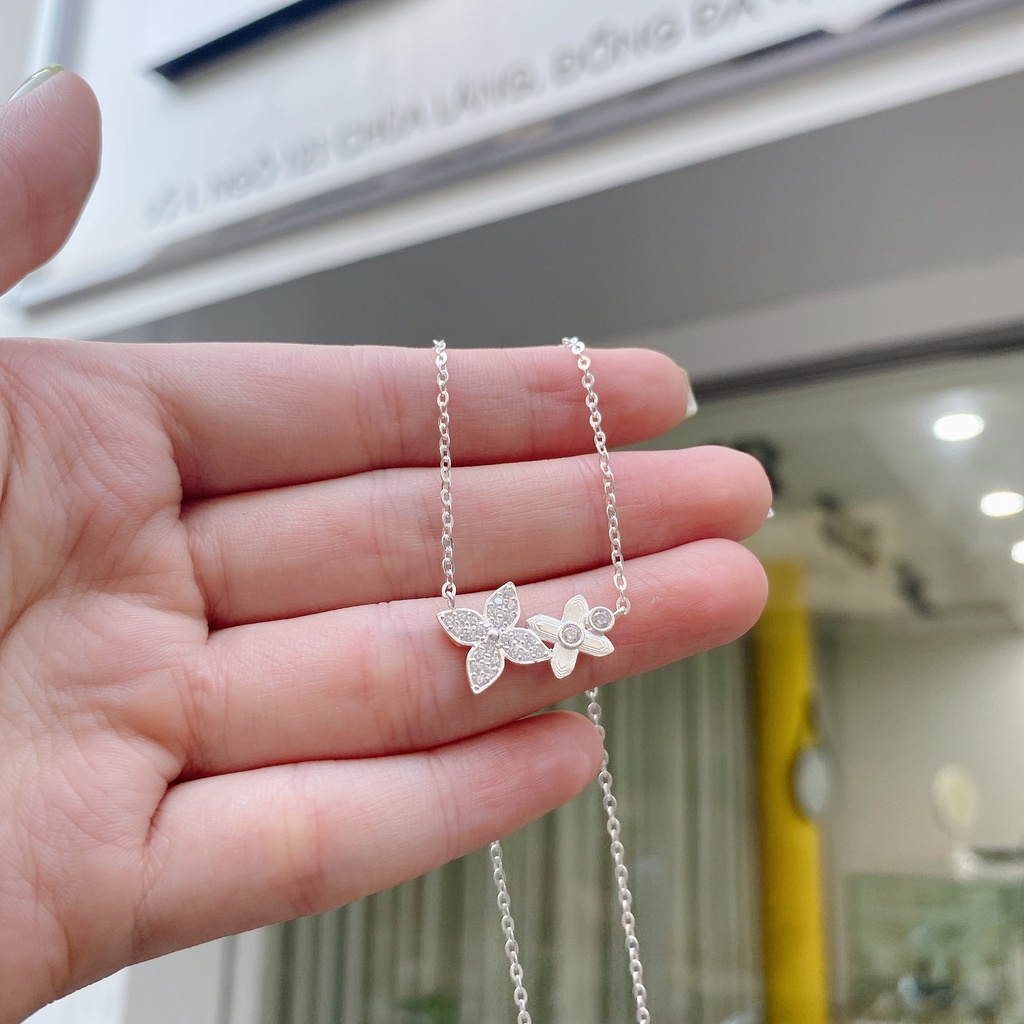 Dây Chuyền Bạc Ta Cao Cấp CaoBac Silver Hai Hoa Bốn Cánh , Hoa Đá Hoa Trơn Thanh Lịch Nhẹ Nhàng, Thanh Lịch Cho Bạn Gái