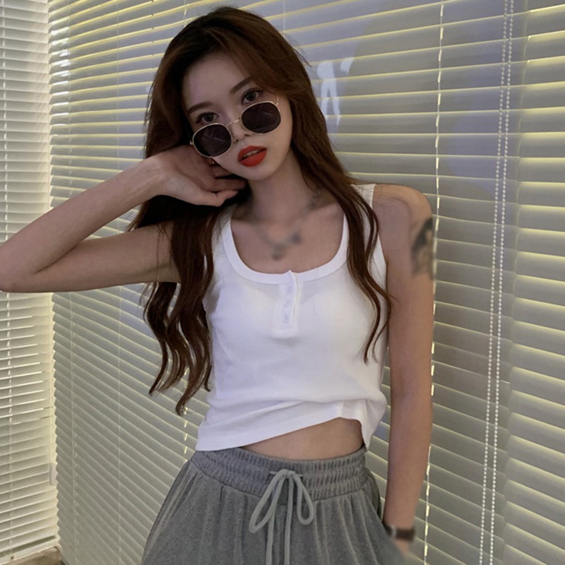 Áo sát nách cổ vuông màu trơn có nút cài phong cách Hàn Quốc thời trang cá tính cho nữ