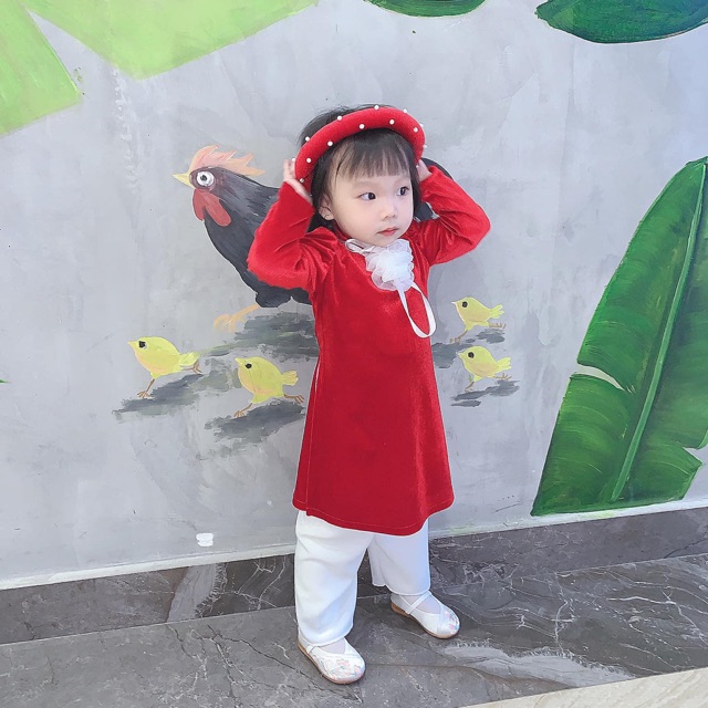 Áo dài cổ bông hoa cho bé ( kèm mấn hoặc mũ )