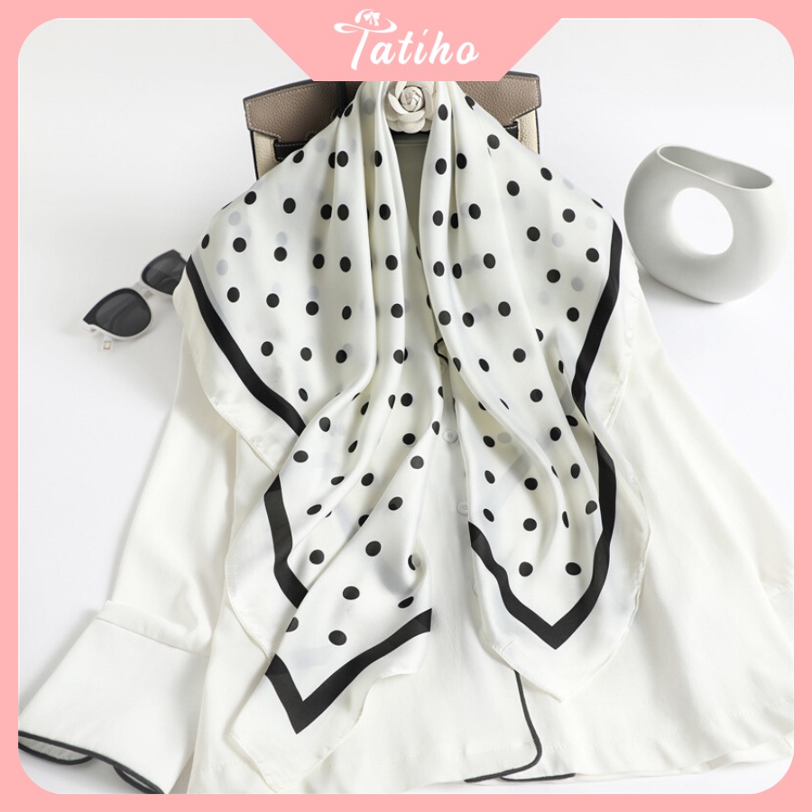 Khăn Lụa Vuông Turban Cao Cấp Họa Tiết Chấm Bi Làm Áo Quàng Cổ - Chất Liệu Silk - 90x90cm - Tatiho - Mã KL056