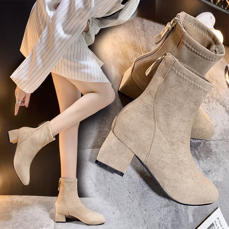 Boots combat/Boots cổ ngắn nữ, có khóa kéo sau gót, gót thô, co dãn, phong cách Hàn Quốc, dễ kết hợp, mẫu mới nhất