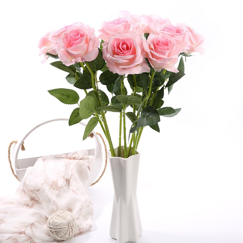 Hoa hồng phớt (cao 52cm, đường kính hoa 10cm, chiều cao hoa 7cm), hoa giả trang trí