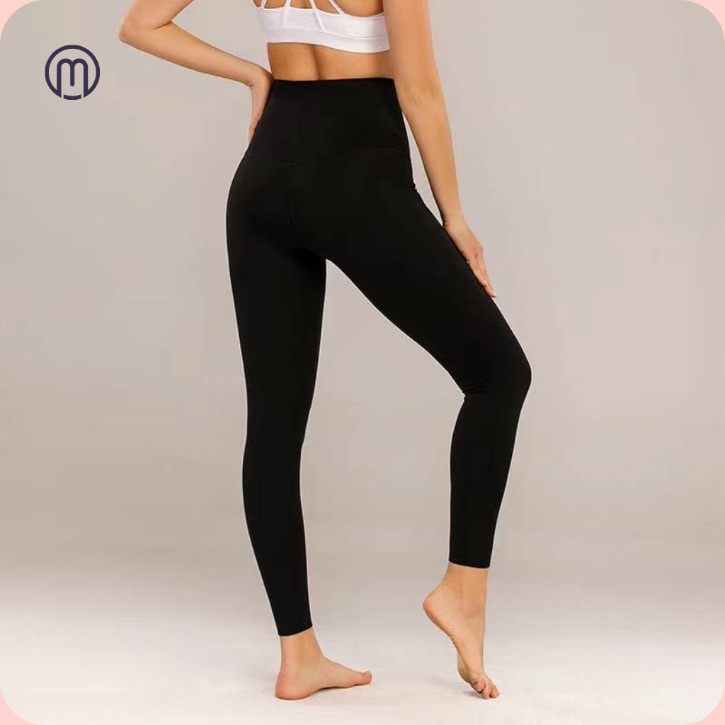 Quần legging nữ đen cạp cao gen nịt bụng giảm eo đai latex yoga thể dục thể thao