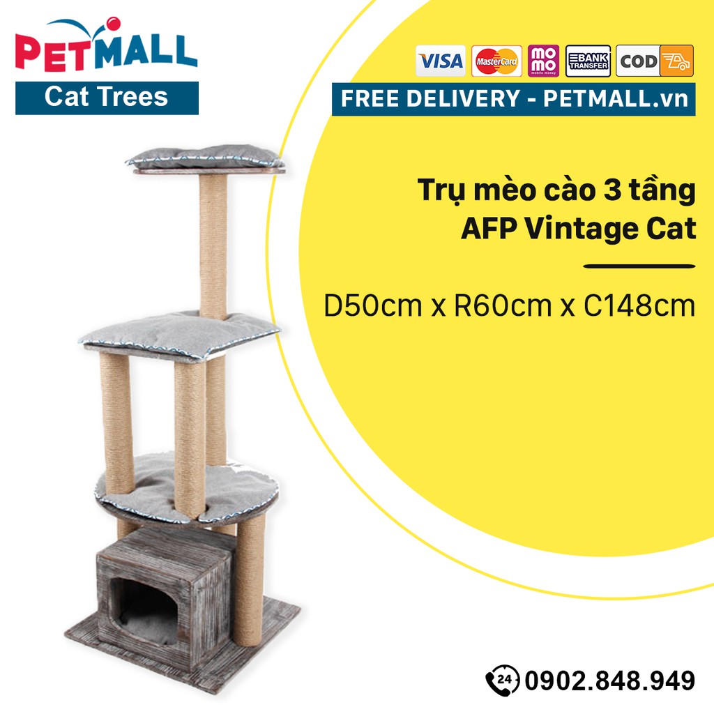 Trụ mèo cào 3 tầng AFP Vintage Cat - D50cm x R60cm x C148cm Petmall