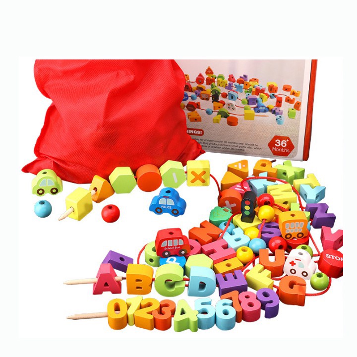 Bộ Chữ Cái Và Số Luồn Xâu Và Phương Tiện Giao Thông Bằng Gỗ Cho Bé Sáng Tạo 75 chi tiết - BabyCare