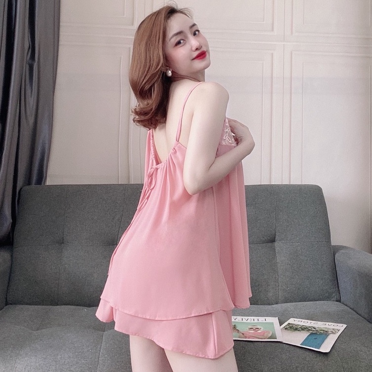 Bộ Ngủ Nữ - Set Đồ Nữ 2 Dây Phối Ren Voan Quần Đùi Lụa Thời Trang Sexy, Gợi Cảm | BigBuy360 - bigbuy360.vn