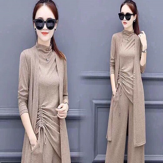 Set Len Quần Dáng Suông - Bộ Quần Áo Len Nữ Dáng Dài 3 Món Rút Gấu Kèm Áo Khoác Phong Cách Tổng Tài