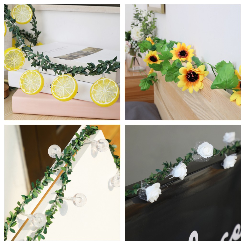 Dây đèn LED hình hoa hướng dương/chanh/hoa hồng/lá xanh trang trí đám cưới/Giáng sinh/nhà ở DIY sử dụng pin