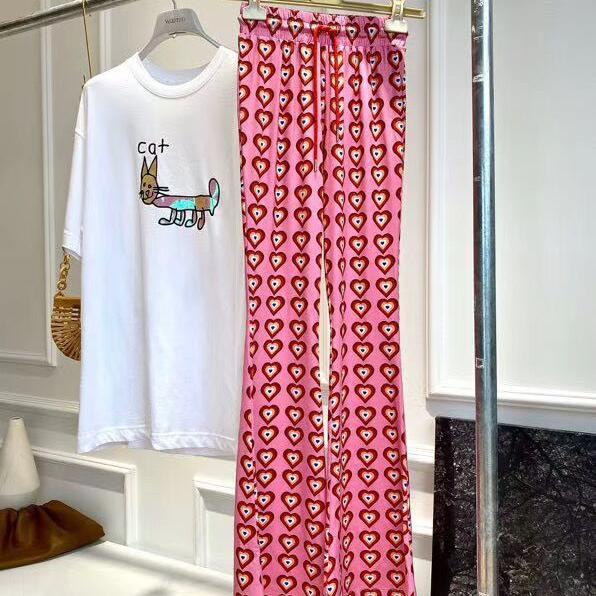 [Bộ Trang Phục Dạo Phố] Quần Dài Ống Loe Ôm Dáng Co Giãn In Hình Trái Tim Màu Hồng