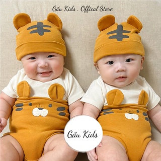 Body suit tay cộc cho bé trai, bé gái chất cotton organic hình hổ kèm mũ, bộ cho bé size 3 - 14 kg TE03