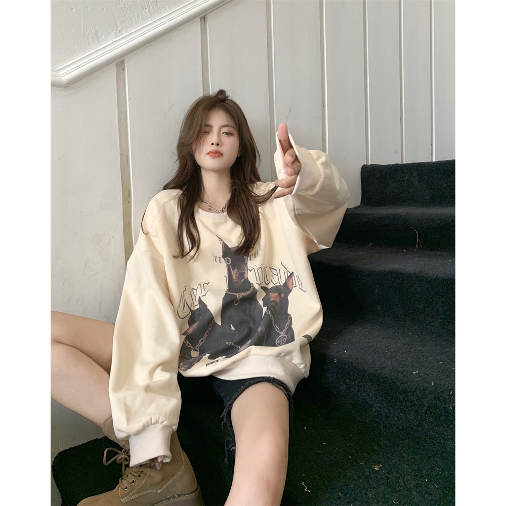 Áo len cổ tròn tay dài dáng rộng in họa tiết phong cách Mỹ cổ điển thời trang cho nữ