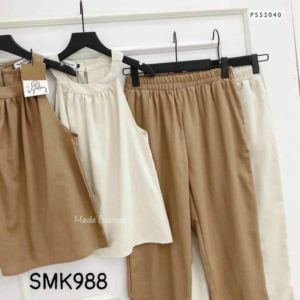 Set Bộ Áo Cổ Yếm Form Xòe Và Quần Dài Chất Liệu Đũi Nhăn ROSE FASHION