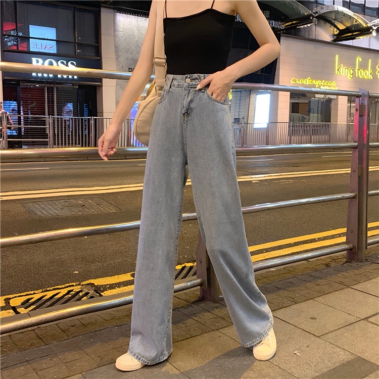 Quần Jean Cạp Chun Khuy Bấm NữJeans ống rộng lưng cao chun sau tùy chỉnh quần culottes bò SIÊU HOT nút