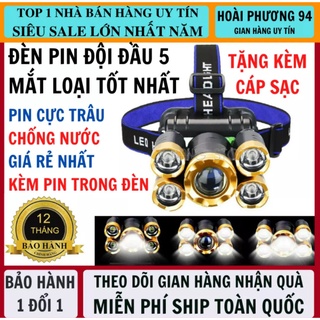 Đèn pin đội đầu chiếu xa siêu sáng 5 Pha LED Mạnh Mẽ Sạc USB Có Pin 18650 Siêu bền hàng cao câp - 1 ĐỔI 1 - BH 6T