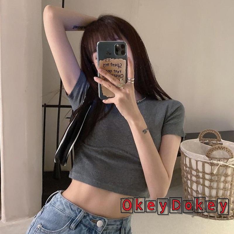 Áo Thun Croptop Tay Ngắn Cổ Tròn Màu Trơn Thời Trang Cho Nữ
