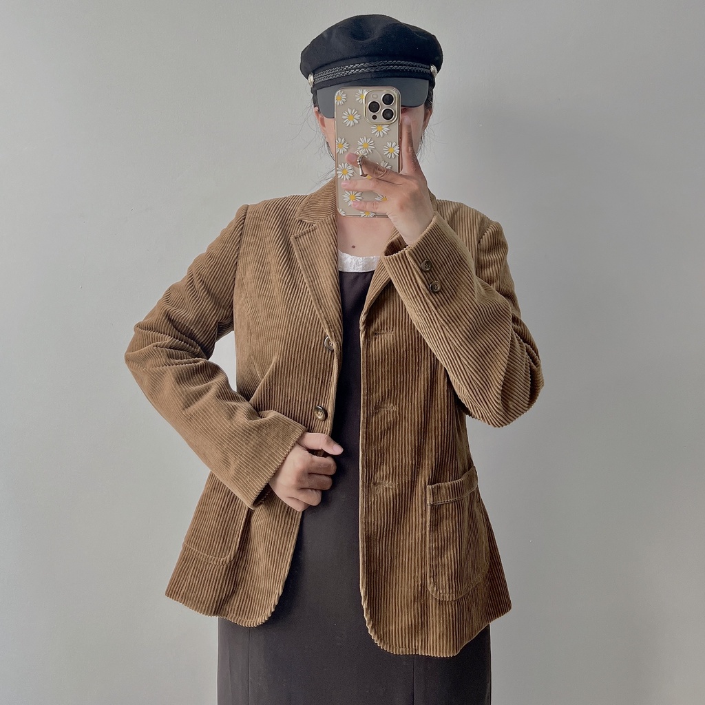 Áo Khoác Blazer Nữ Seconhand Nhung Tăm Nâu Vàng - Vest 2hand