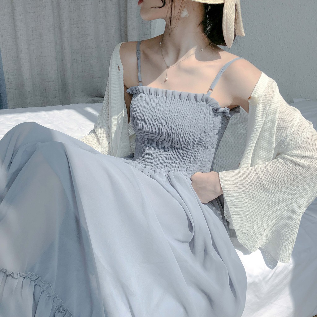 Áo khoác / váy Hàn Quốc mùa hè siêu cổ tích ngọt ngào voan dài ngang lưng nữ sinh hợp thời trang