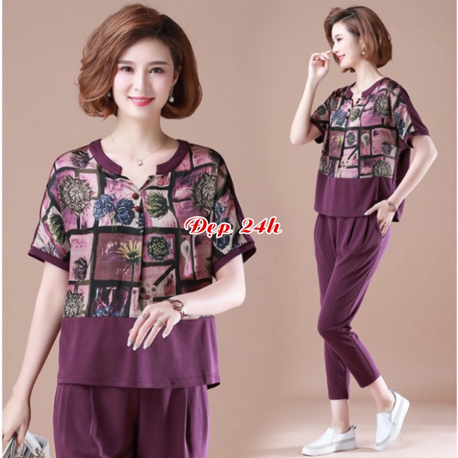 Đồ bộ nữ trung niên Đẹp 24 giờ bộ mặc nhà cho mẹ, chất liệu cotton thể thao co giãn 4 chiều, form rộng thoải mái ĐBH.30