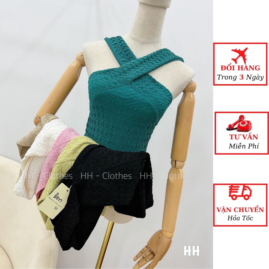 Áo 2 dây nữ xốp nhăn cổ yếm đan chéo ôm body phong cách sexy ulzzang Hàn Quốc