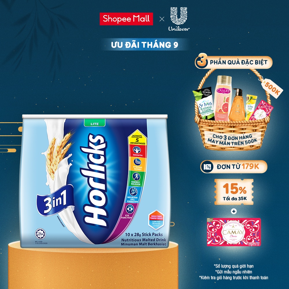 Thức uống lúa mạch 3 trong 1 Horlicks - Ít đường (28g x 10 gói)