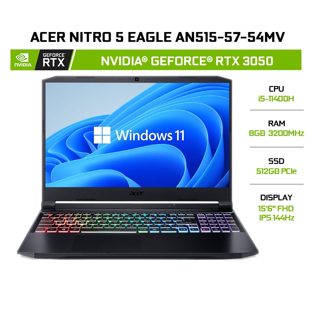 [ELBAU7 giảm 7%] Laptop Acer Nitro 5 AN515-57-54MV i5-11400H 8GB 512GB RTX3050 15.6' 144Hz - Tặng balo SUV