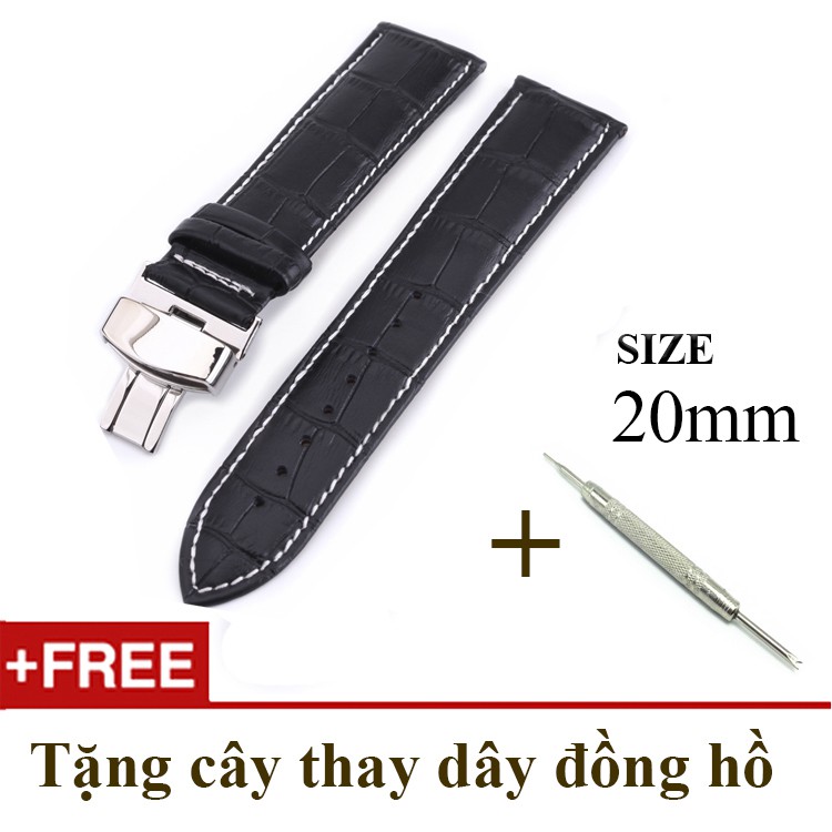 Dây đồng hồ da bò xịn SIZE 20mm, khóa bướm thép 316 (đen-B10)